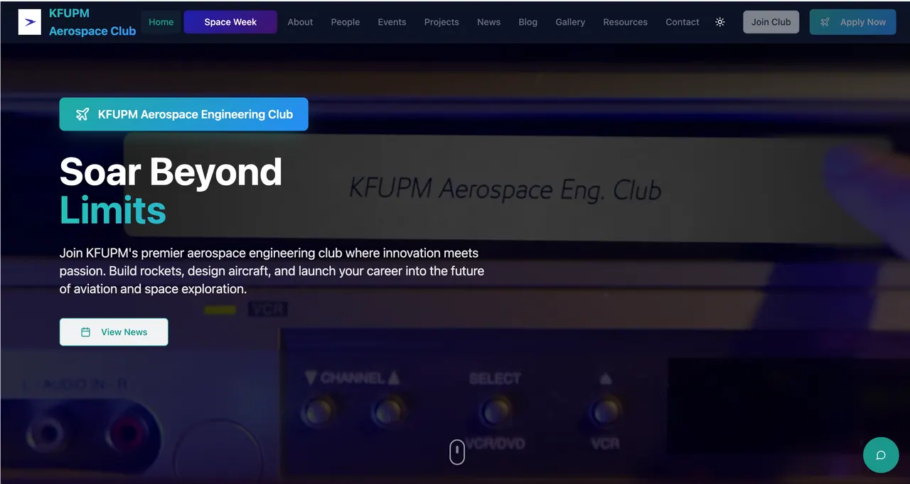 English university aerospace club site — dark hero over a video still, cyan accent type, and a wide navigation bar with membership calls to action.